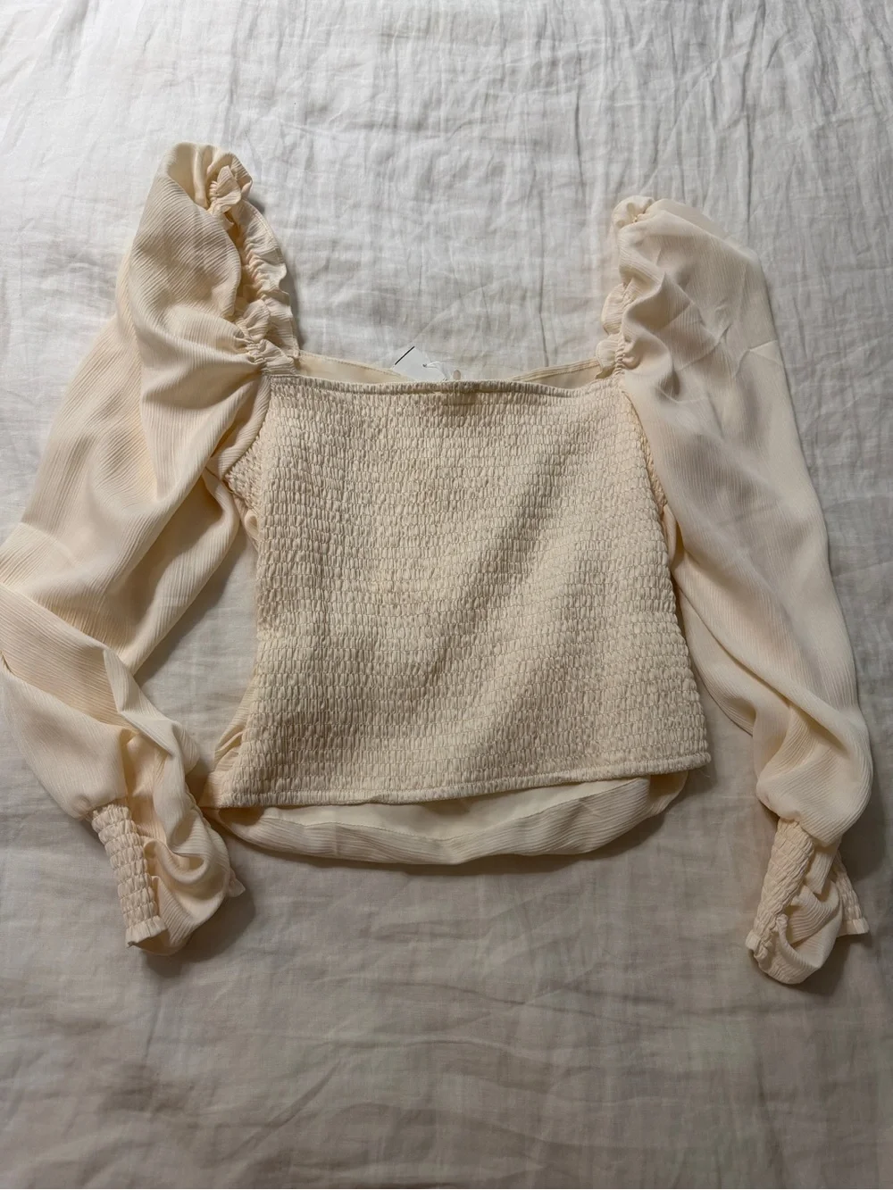 Astr The Label Cream Ruched Square-Neck Puff-Sleeve Blouse NWT Large
